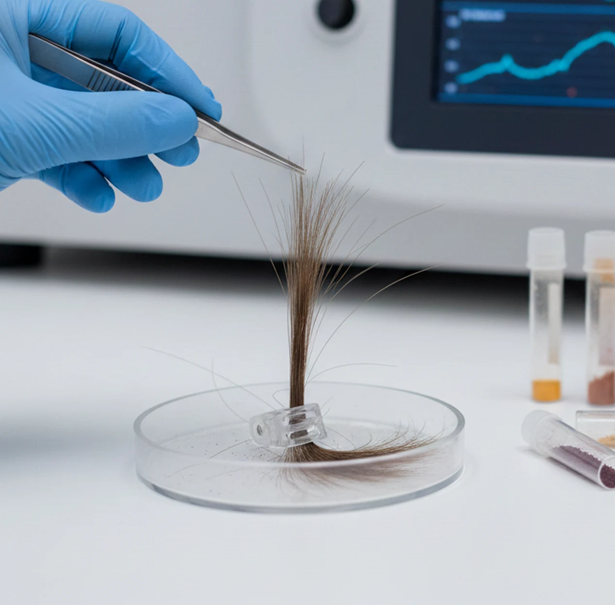 lab technician holding hair sample
