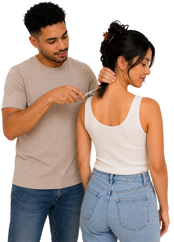 man collecting hair sample from woman