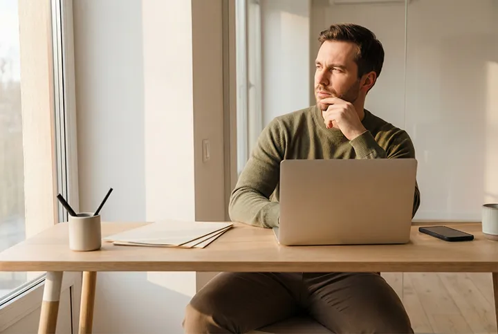 man at desk lost in thought