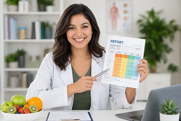 smiling doctor with report charts