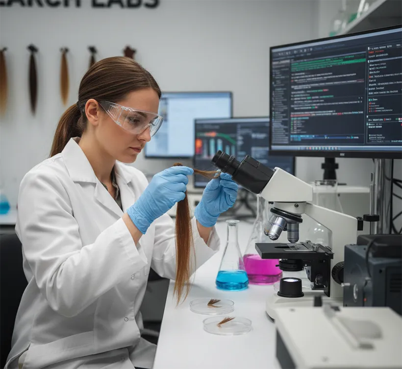 lab technician holding hair sample