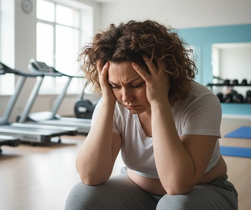 depressed overweight woman in a gym